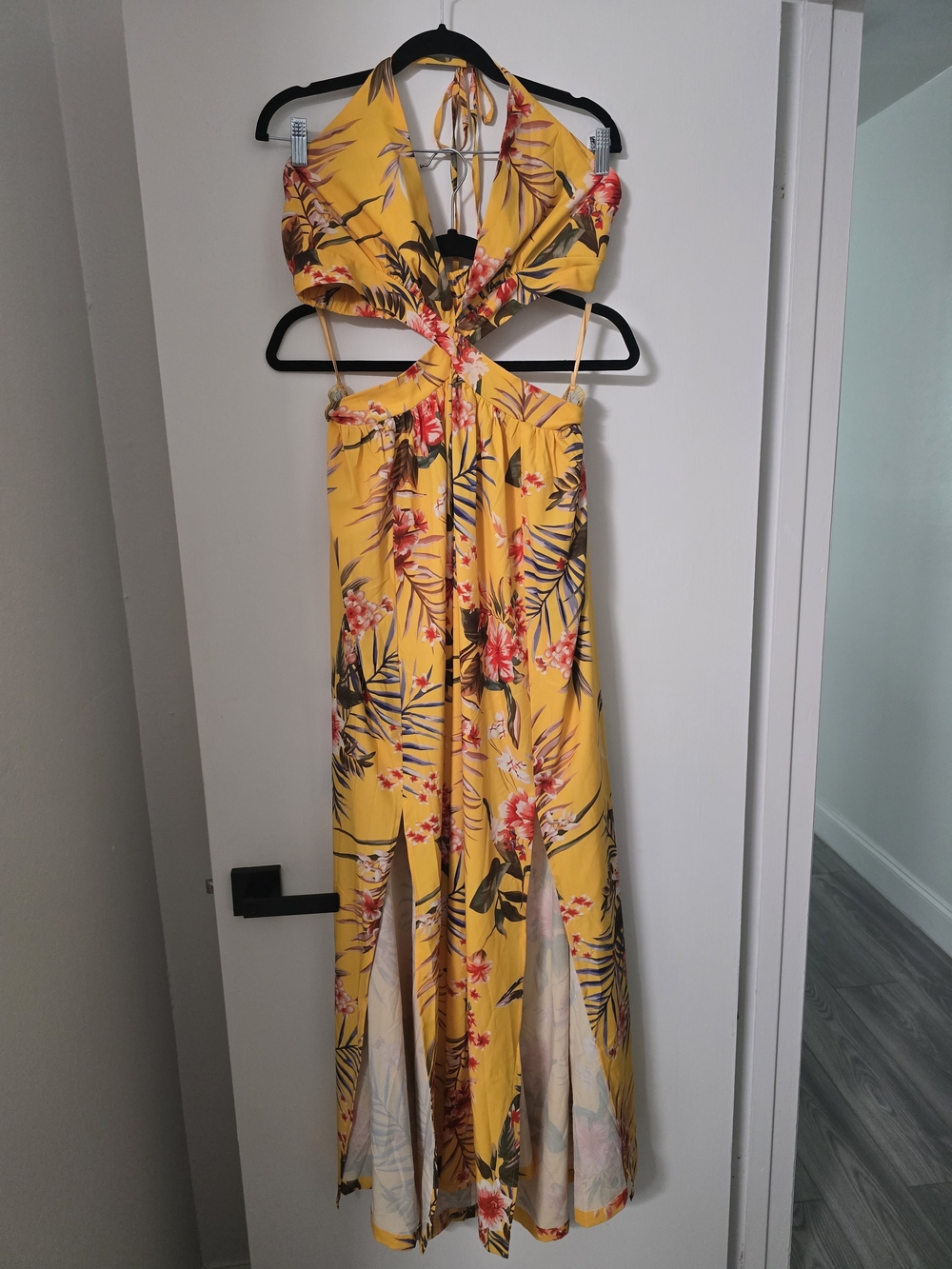Shein Yellow Floral Cutout Halter Maxi Dress